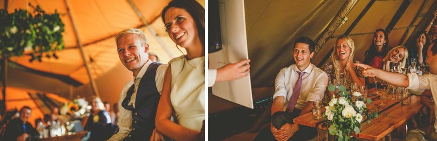 The groom laughs at the best mans speech