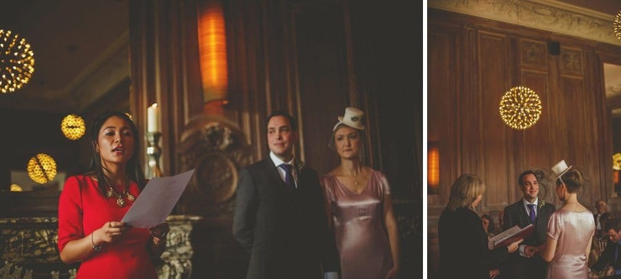 A wedding guests reads a story from a sheet of paper during the wedding ceremony