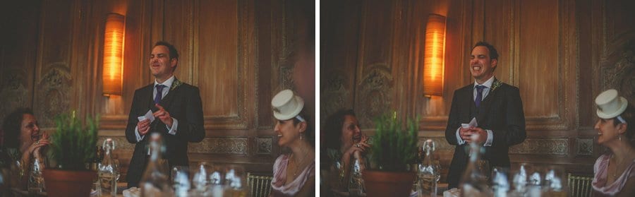 The groom stands and delivers his speech to the wedding guests at Cowley Manor