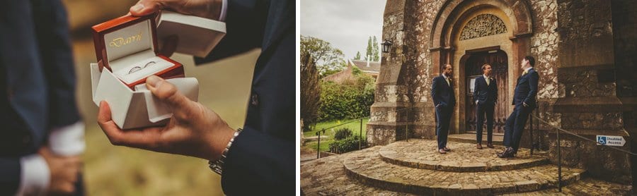 An usher opens a small box with wedding rings in it and ushers wait outside the church