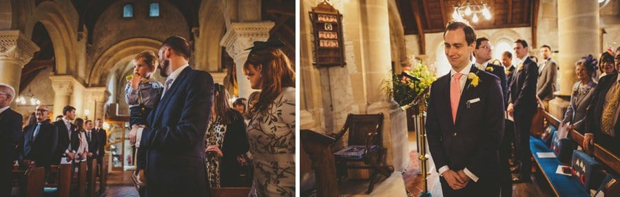 The groom waits for the arrival of the bride and her father