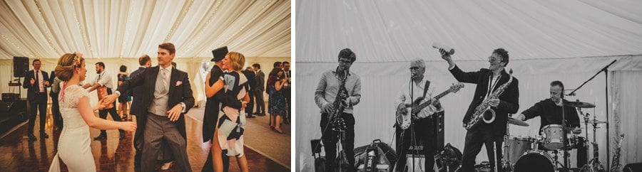 The wedding band perform as wedding guests dance