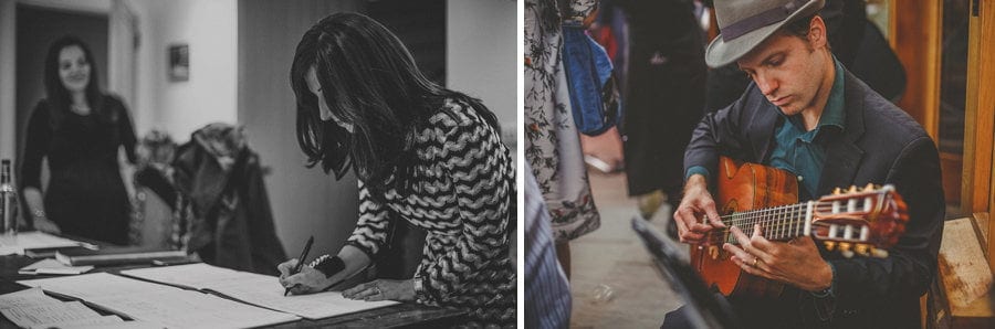 A member of the wedding band plays his guitar in the courtyard at Micklefield Hall