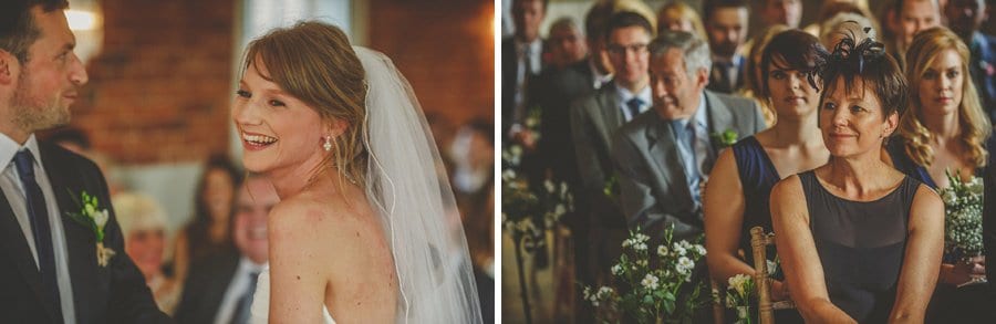 Wedding guest and the bride smile during the wedding ceremony