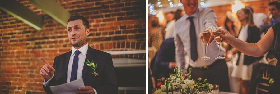 The groom points a figure during his wedding speech