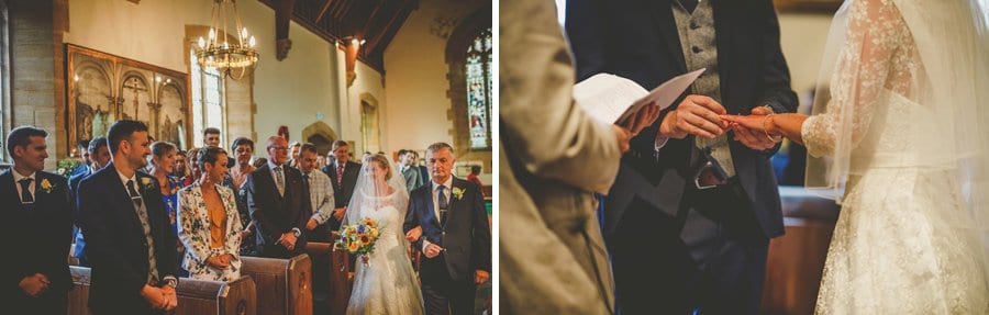 The bride walks down the aisle of the church and greets the groom