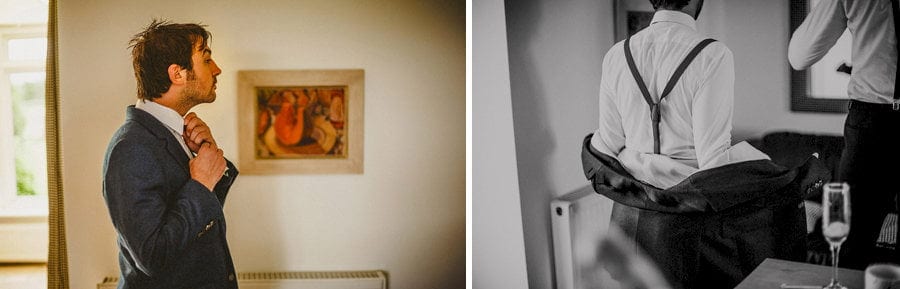 The groom arranges his tie