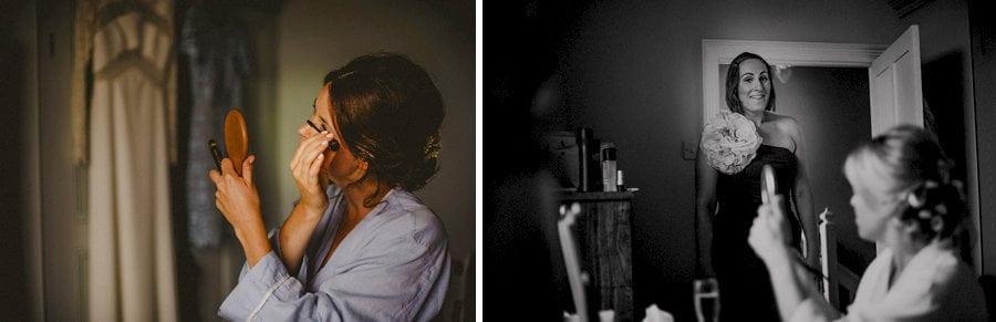 A bridesmaid laughs as she gets dressed