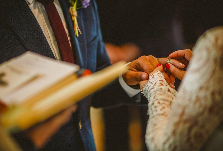 Wedding rings are exchanged between the bride and groom during the wedding ceremony