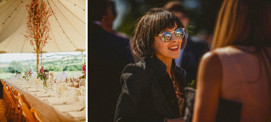 A bridesmaid chats to friends outside the marquee at Penny Square Barn