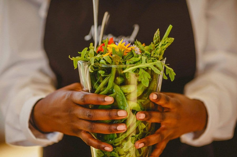 Salad is served in the marquee at Penny Square Barn
