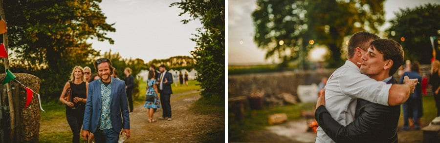 Evening guests arrive with presents for the bride and groom