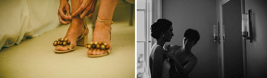 The bride puts on her wedding shoes