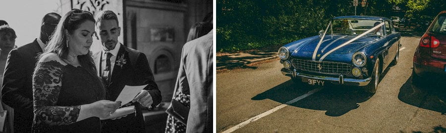 The wedding car arrives at St. Benets Minster in Suffolk