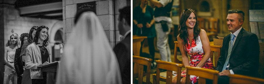 Guests chat inside church