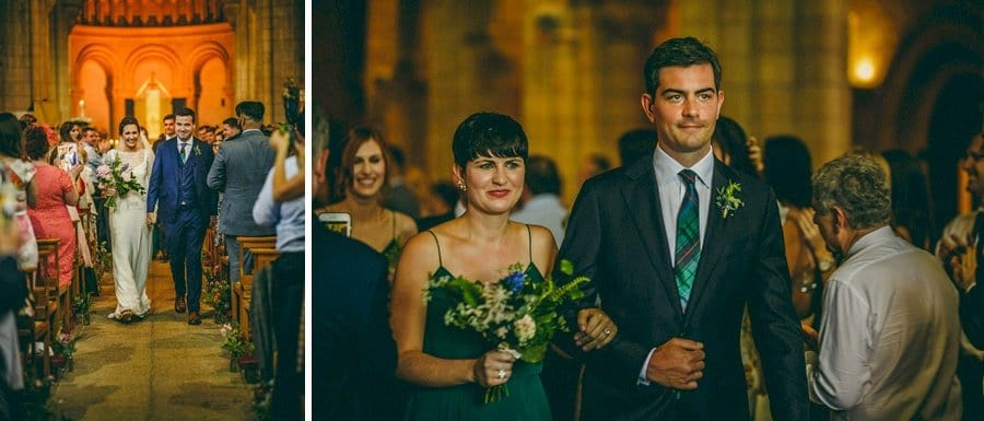 The bride and groom walking down the aisle