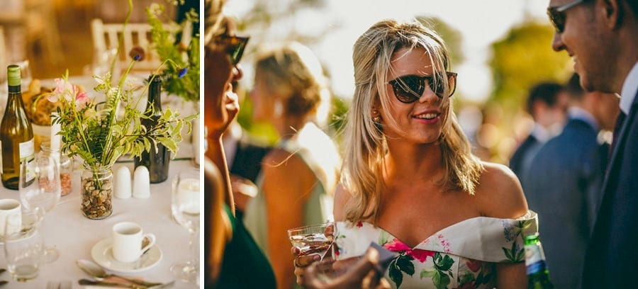 A wedding guest talking to a friend