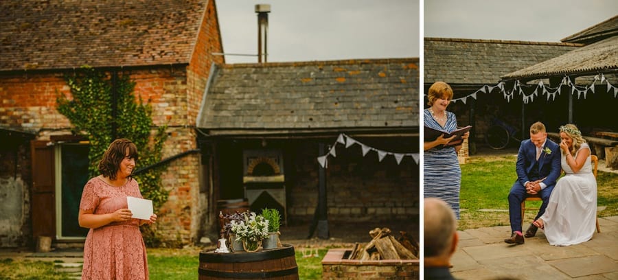 A bridesmaid reads a poem and the bride and groom laugh during the wedding ceremony
