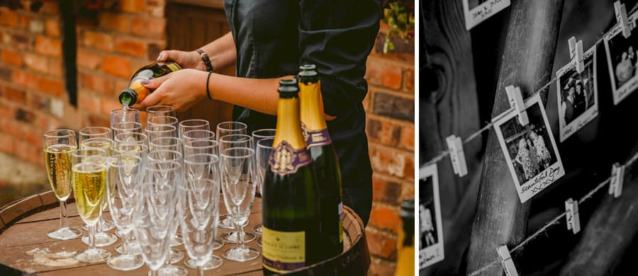 A lady pours champagne into flutes on top of a large wooden keg in the courtyard