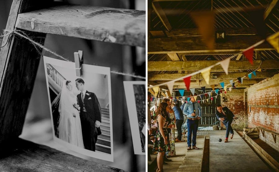 Wedding guests roll a ball down an alley at Over Barn