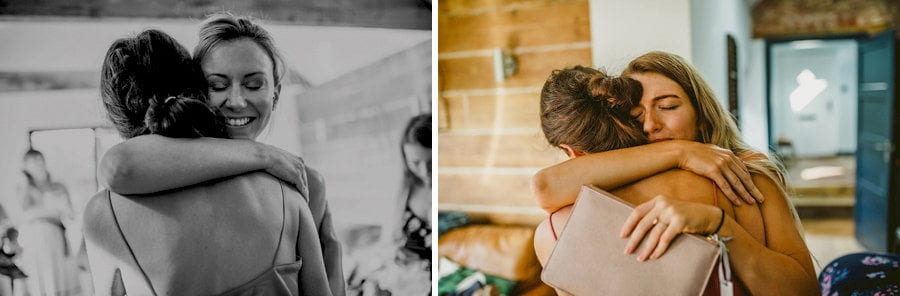 Bridesmaids put their arms around the bride in the cottage at Yurt retreat