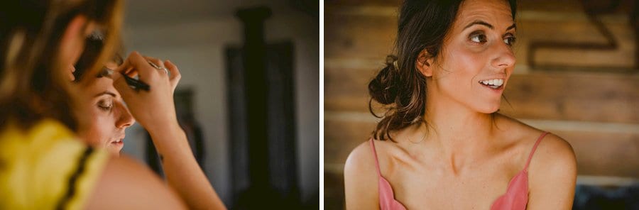 The bride talks to a friend in the cottage at Yurt retreat
