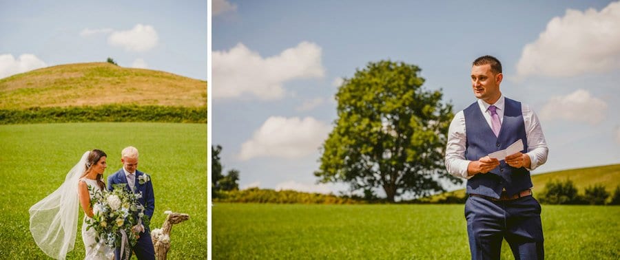 The bride and groom greet each other for the outdoor wedding ceremony at yurt retreat