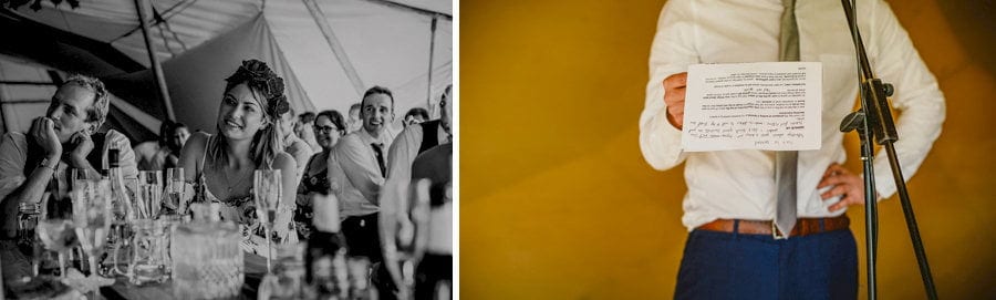 A wedding guest laughs at the grooms wedding speech in the tipi