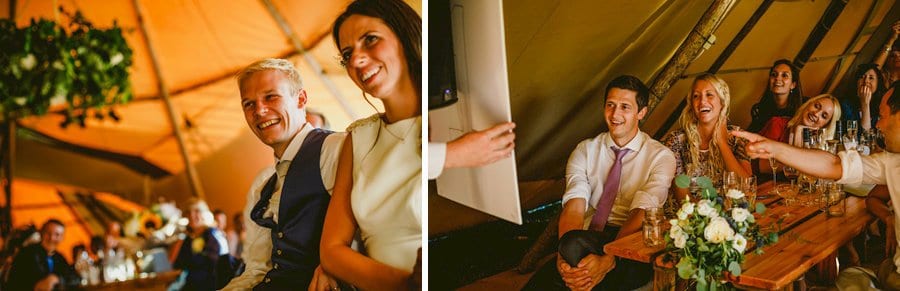 The groom laughs at the best mans speech