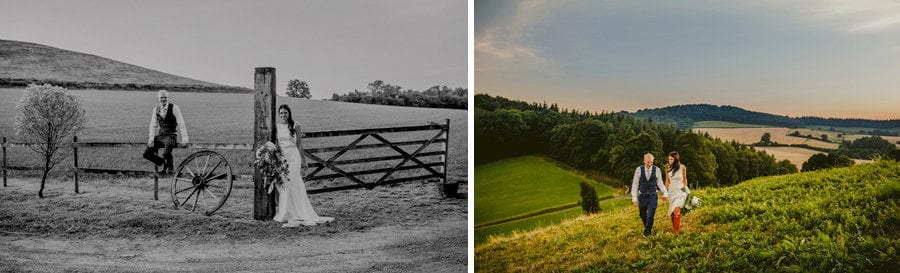 The bride and groom pose for a photograph before they walk up the hill at yurt retreat