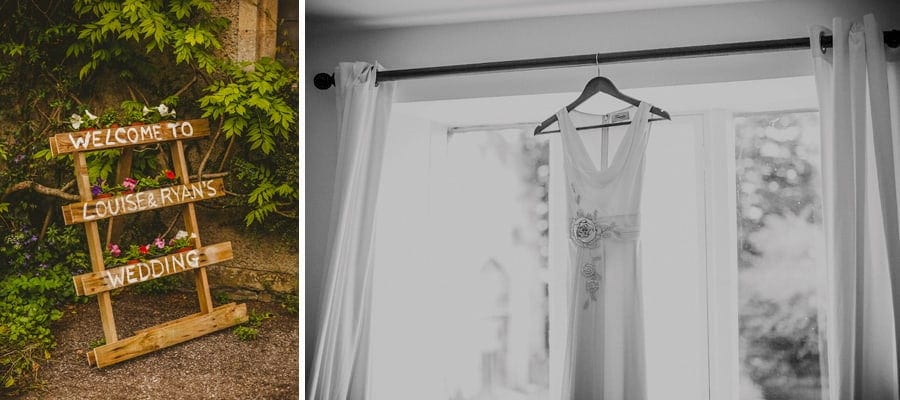 The brides dress hangs from the curtain rail in the brides bedroom