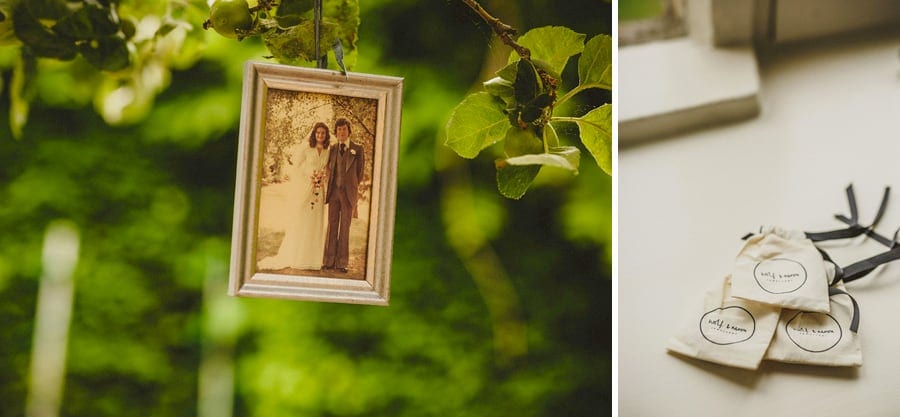 A photograph of the brides parents hangs from a tree at Abbey House Gardens