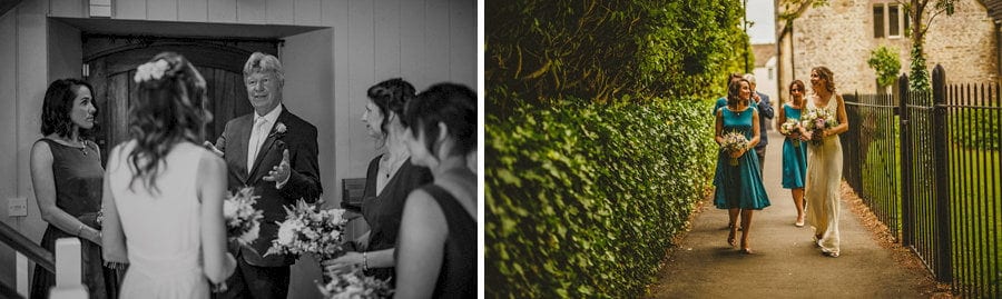 The bride and her bridesmaids walk out of the cottage towards Abbey house Gardens