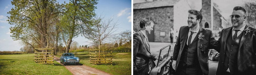 The wedding car drives down the path towards the Church