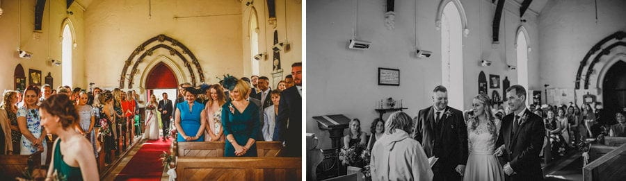 The bride and her father enter the Church and walk down the aisle together