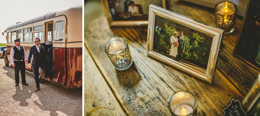 A wedding guest walks off the bus and a framed picture of the groom's family is displayed on a wooden table