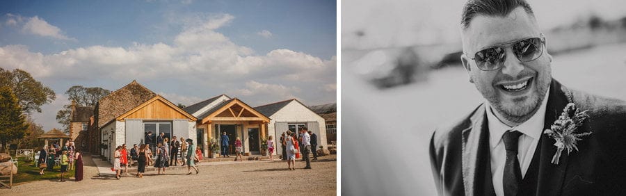 Wedding guests in the courtyard outside Eden Barn