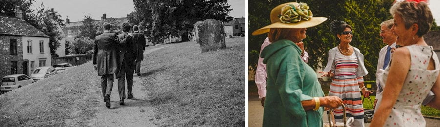 The groom and the ushers walk up to the church