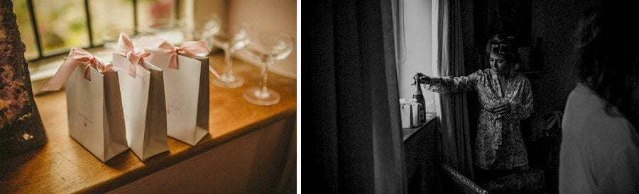 A bridesmaid places a bottle of champagne next to the window