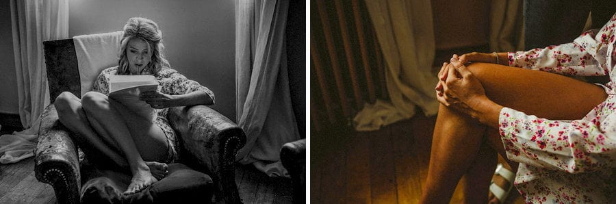 A bridesmaid sits on a chair and reads the speech she has written
