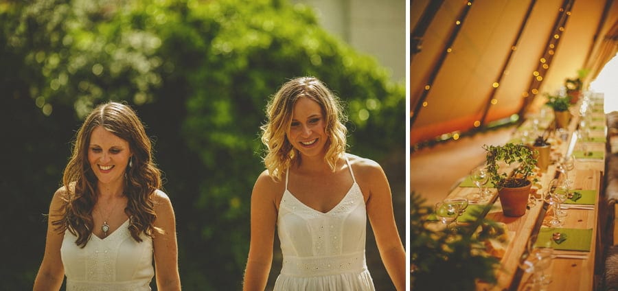 The bridesmaids and the wedding table inside the tipi