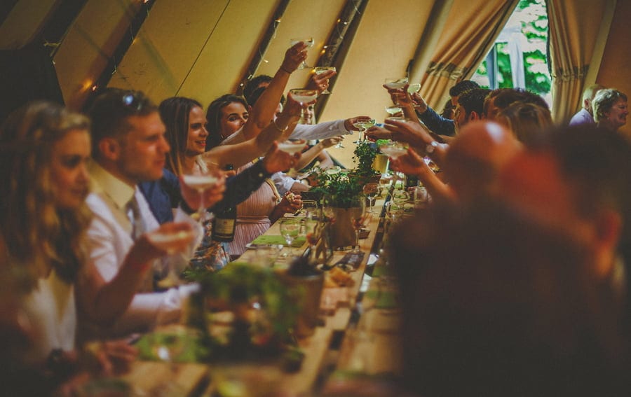 Wedding guests raise a toast to the bride and groom