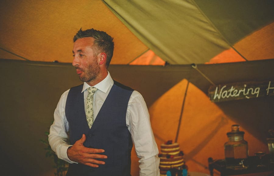 Wedding guests raise their glasses in the tipi