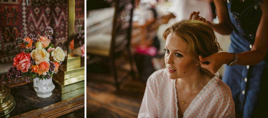 The hair stylist pins the left side of the brides hair
