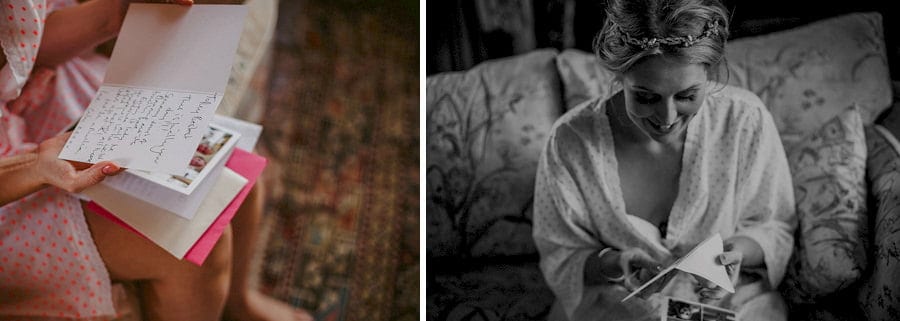 The bride opens an envelope and reads a wedding card