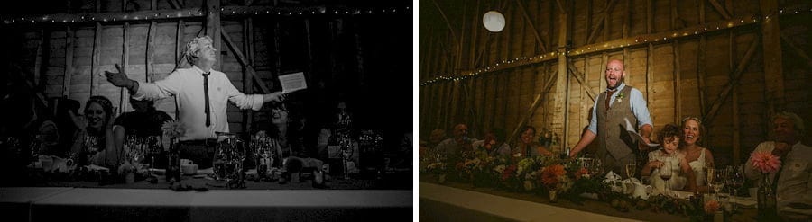 The groom delivers his speech in the old barn in front of his wedding guests