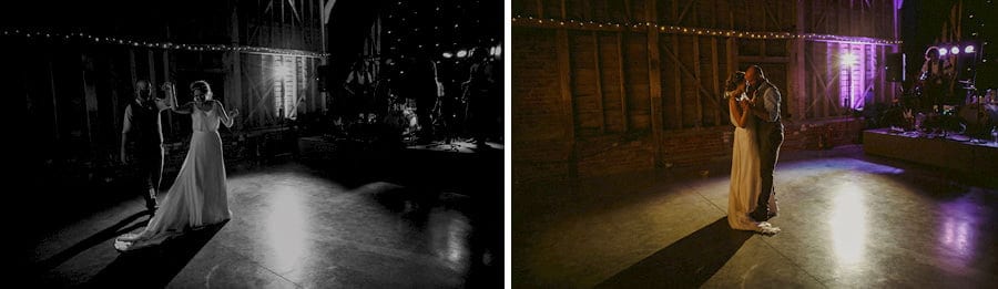 The bride and groom dance with each other in the old barn