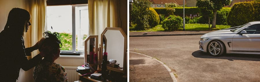 The wedding car arrives outside the brides parents house