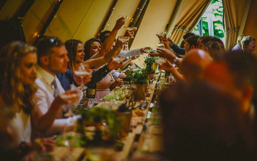 Wedding guests raise a toast to the bride and groom