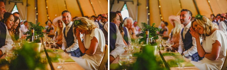 The bride laughs at the grooms speech